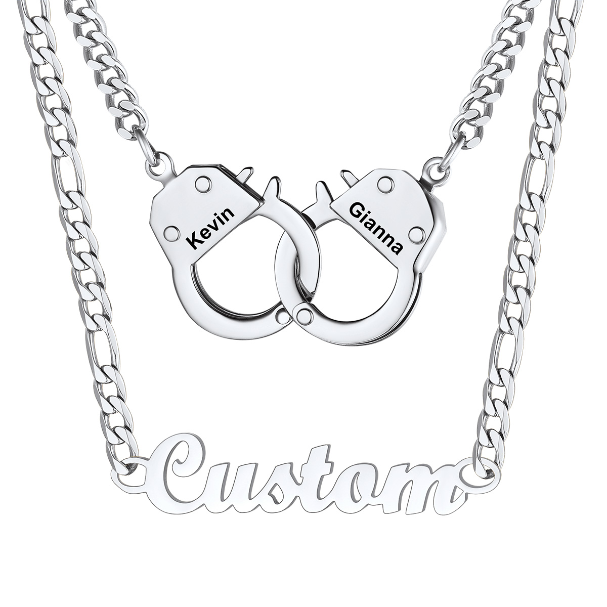 Personalized Name And Handcuff Couple Necklace Set