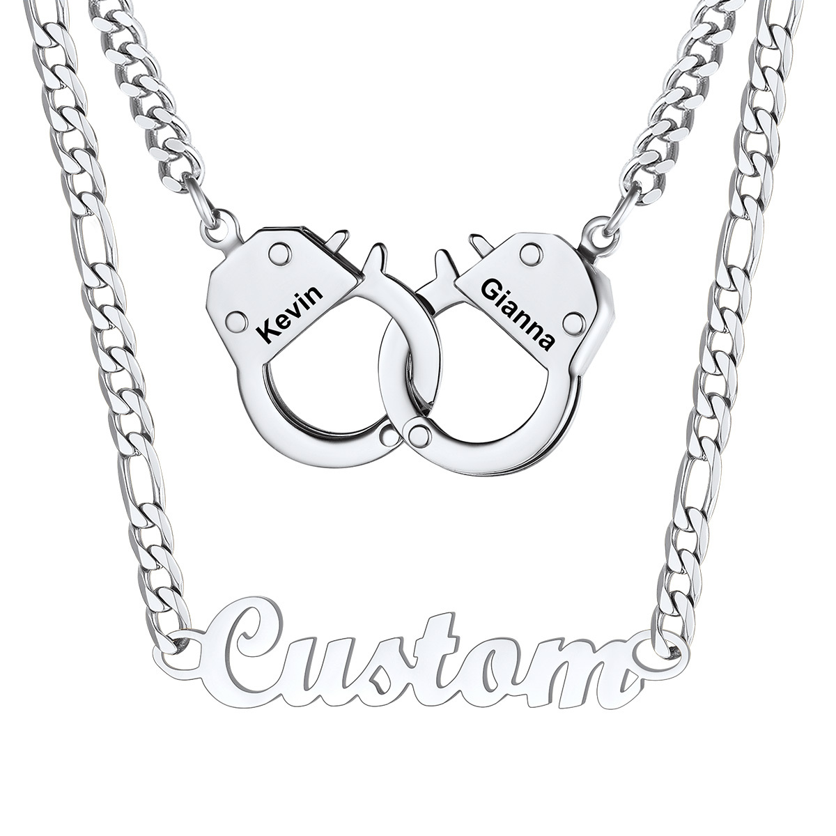 Personalized Name And Handcuff Couple Necklace Set