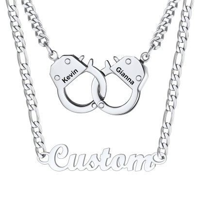 Personalized Name And Handcuff Couple Necklace Set
