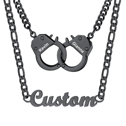 Personalized Name And Handcuff Couple Necklace Set