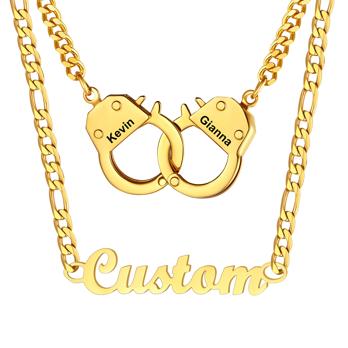 Personalized Name And Handcuff Couple Necklace Set