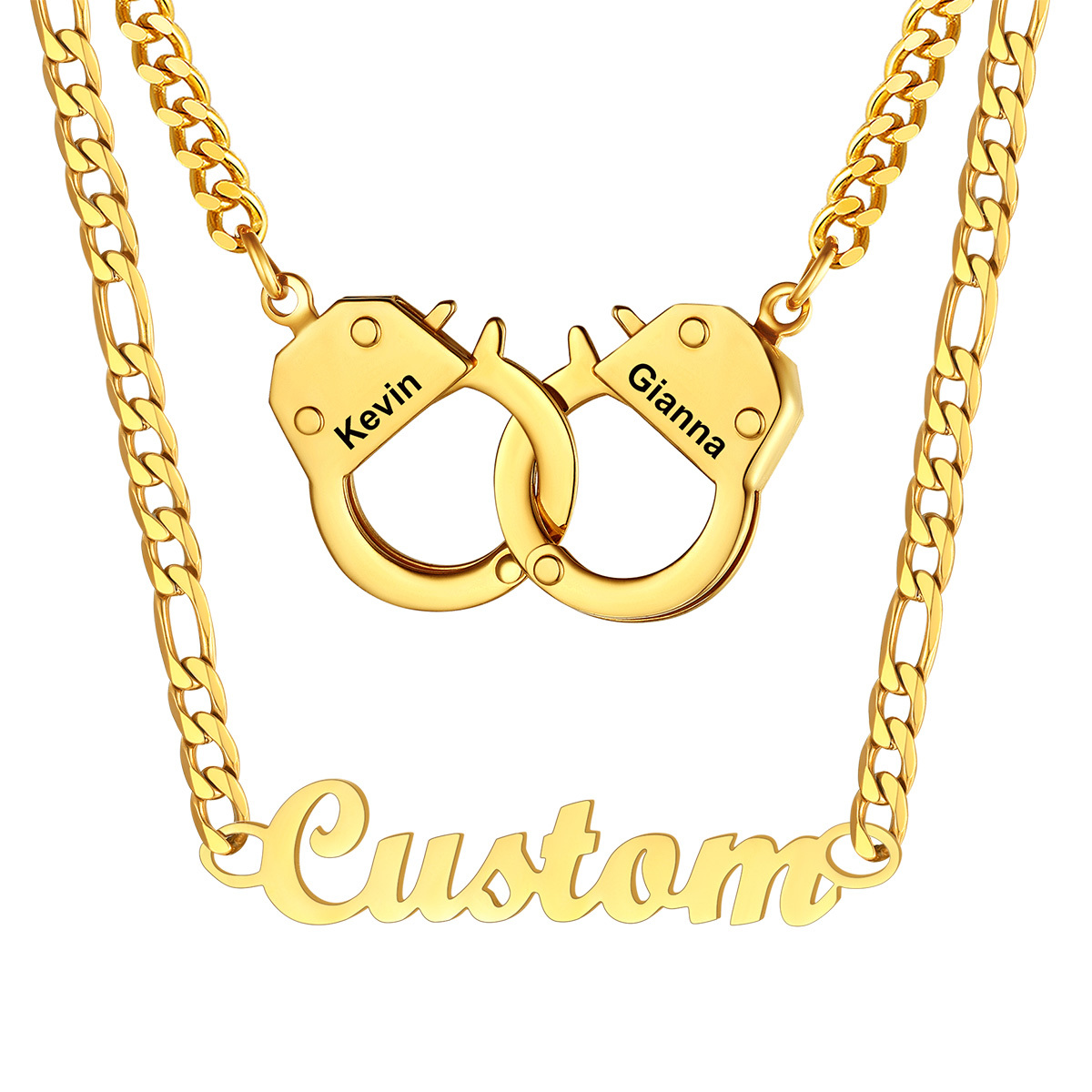 Personalized Name And Handcuff Couple Necklace Set