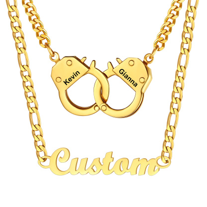 Personalized Name And Handcuff Couple Necklace Set