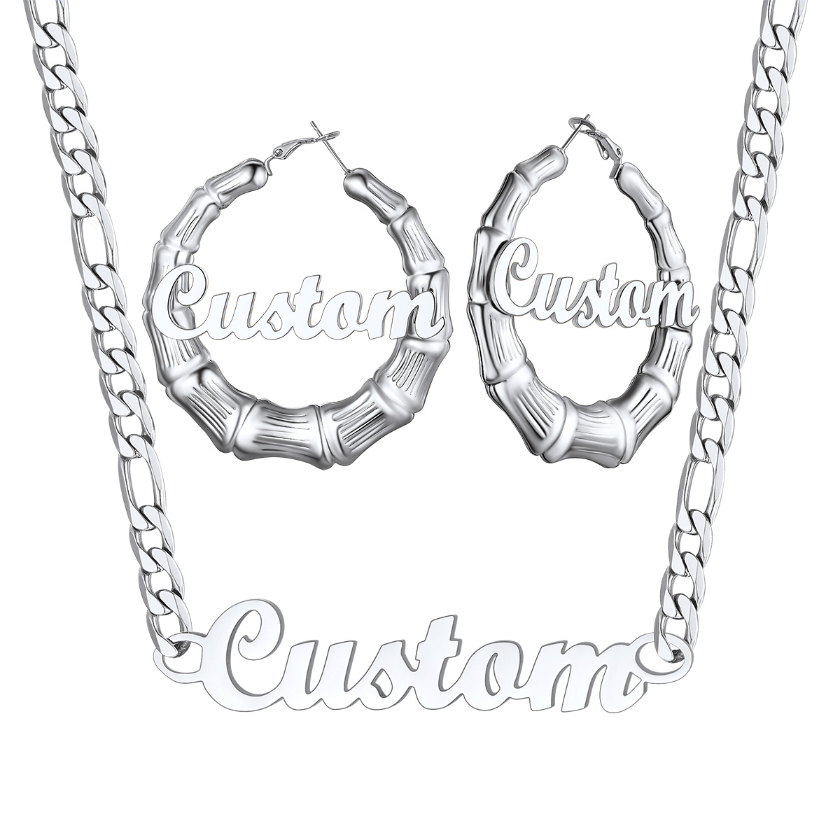 Personalized Name Bamboo Hoop Earrings And Necklace Set