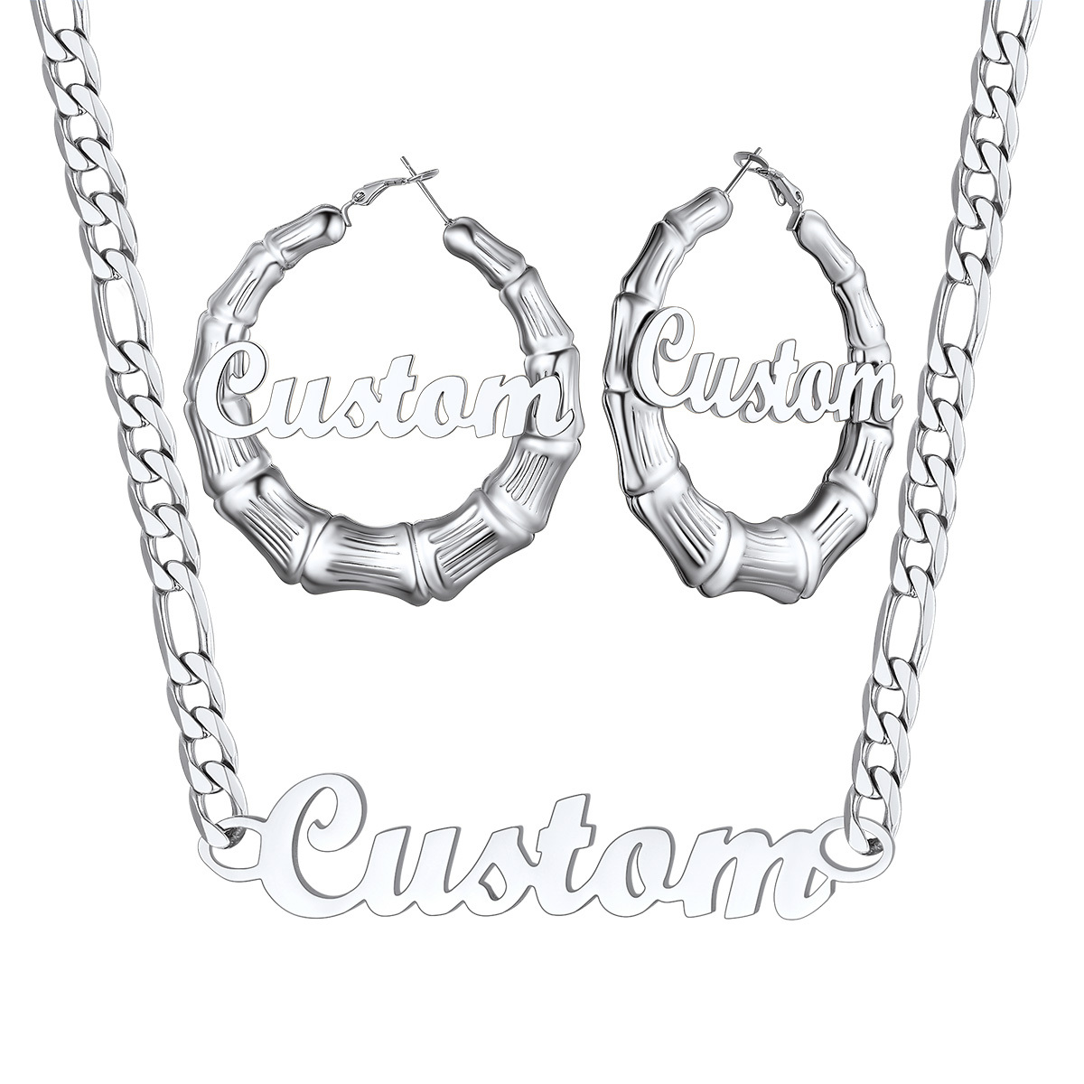 Personalized Name Bamboo Hoop Earrings And Necklace Set