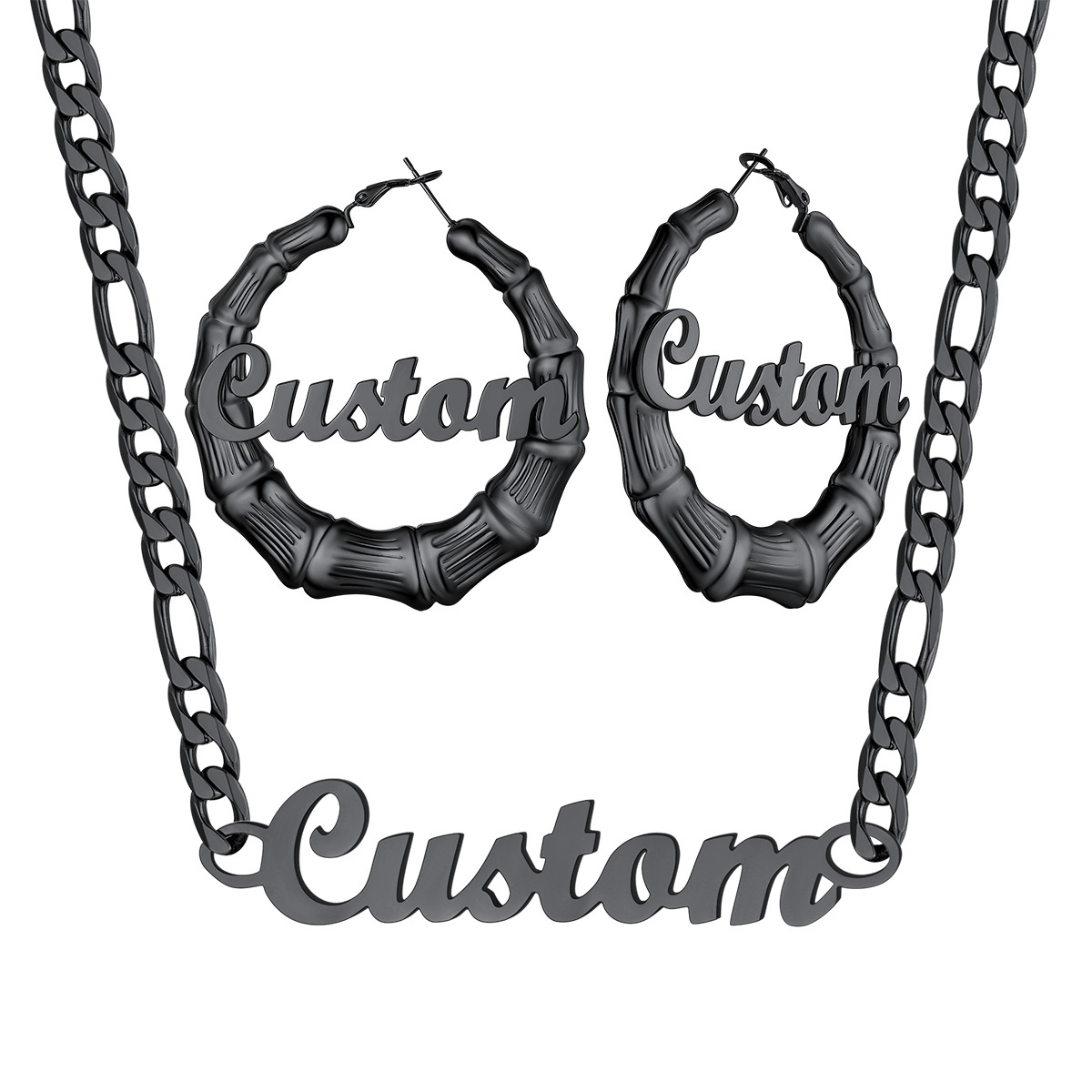 Personalized Name Bamboo Hoop Earrings And Necklace Set