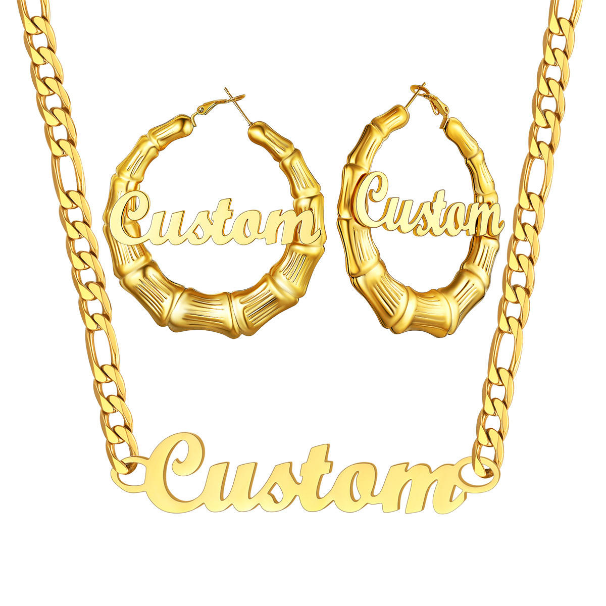 Personalized Name Bamboo Hoop Earrings And Necklace Set