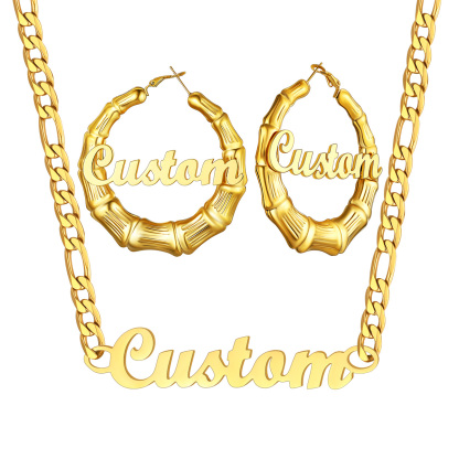 Personalized Name Bamboo Hoop Earrings And Necklace Set