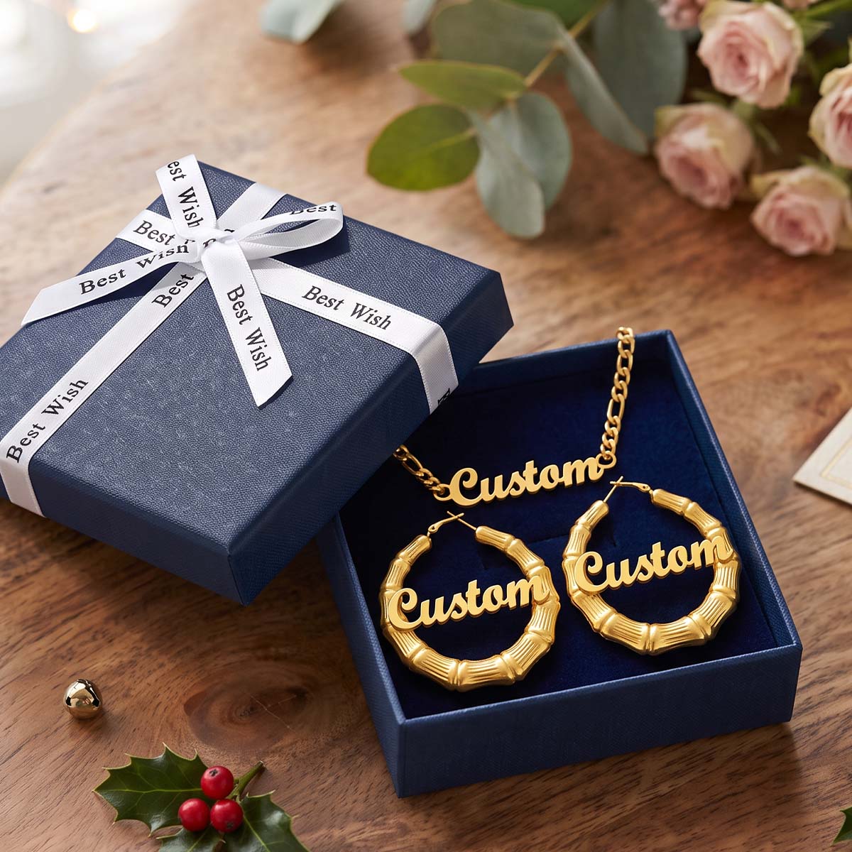 Personalized Name Bamboo Hoop Earrings And Necklace Set
