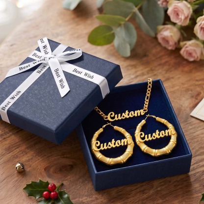 Personalized Name Bamboo Hoop Earrings And Necklace Set
