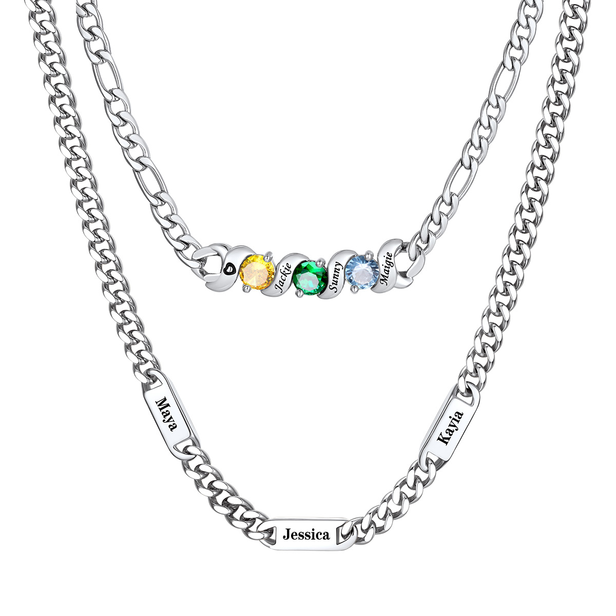 Personalized Name Cuban & Birthstone Figaro Necklace Set