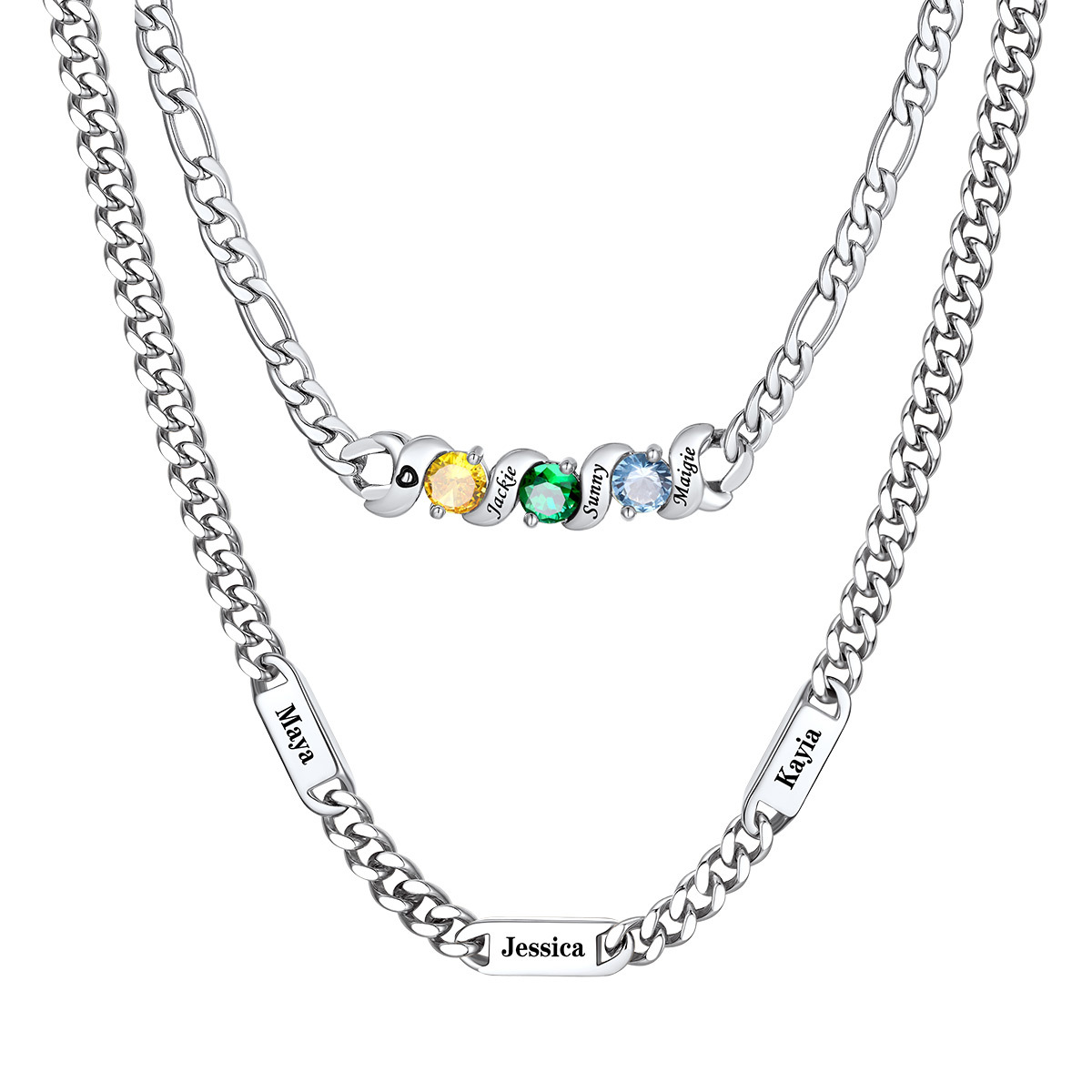 Personalized Name Cuban & Birthstone Figaro Necklace Set