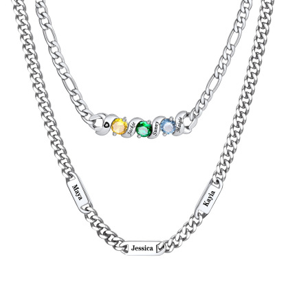 Personalized Name Cuban & Birthstone Figaro Necklace Set