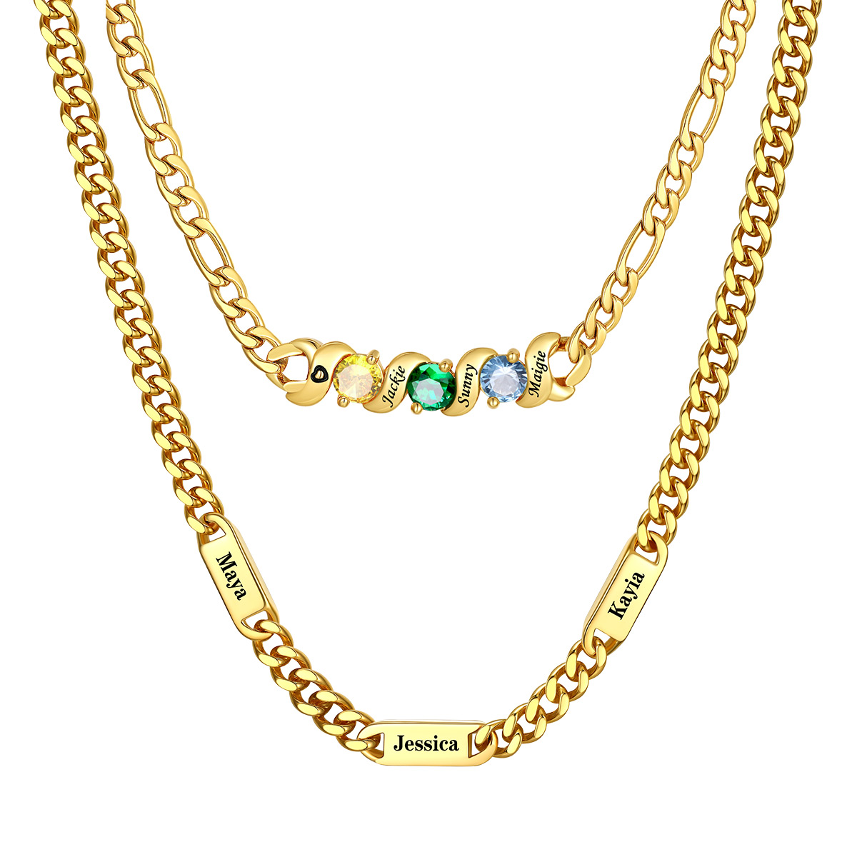 Personalized Name Cuban & Birthstone Figaro Necklace Set Gold