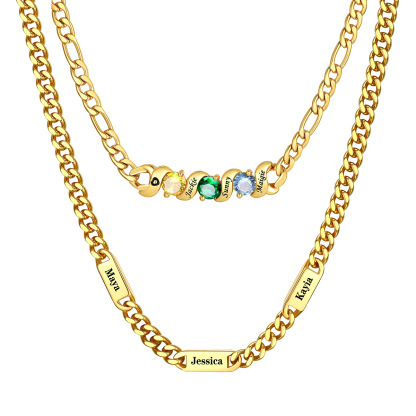 Personalized Name Cuban & Birthstone Figaro Necklace Set Gold