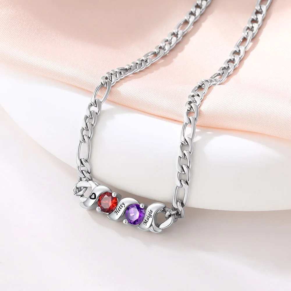 Personalized Name Cuban & Birthstone Figaro Necklace Set Anniversary Gift 