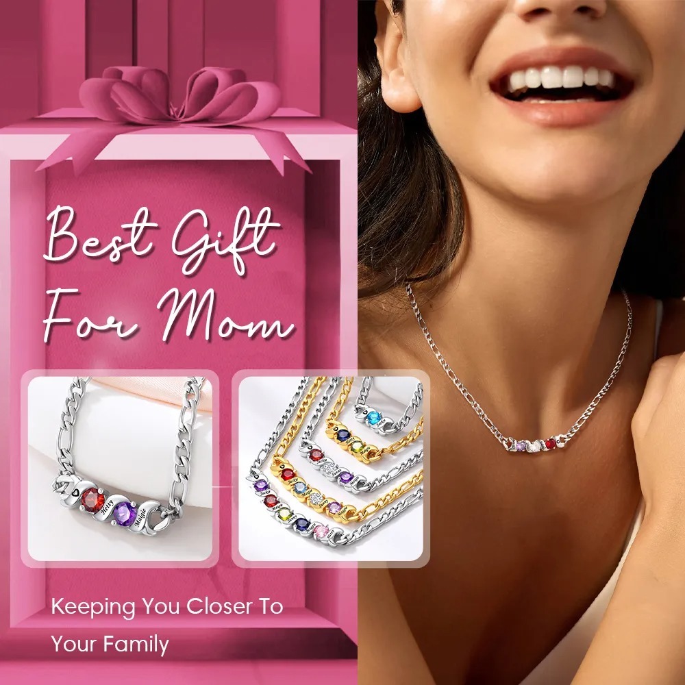 Personalized Name Cuban & Birthstone Figaro Necklace Set For Her