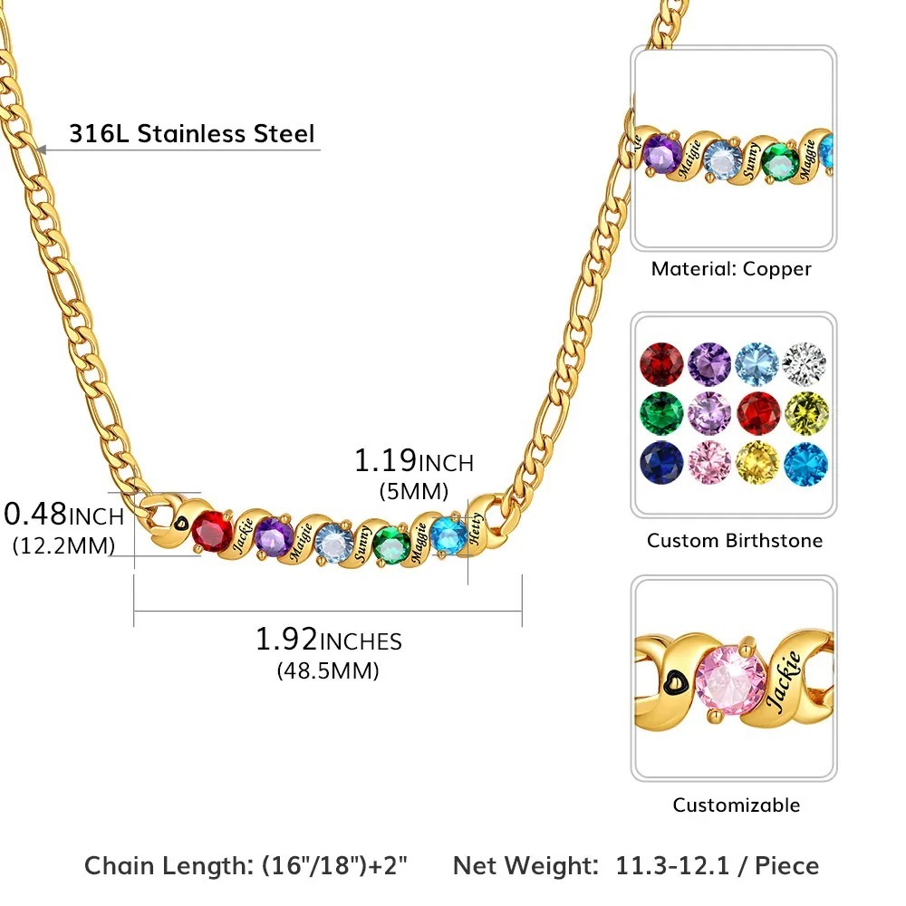 Personalized Name Cuban & Birthstone Figaro Necklace Set Size