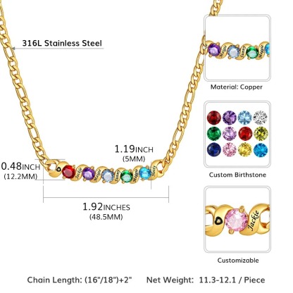 Personalized Name Cuban & Birthstone Figaro Necklace Set Size