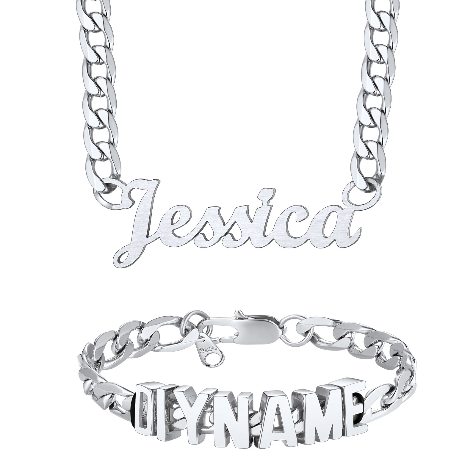 Personalized Name Cuban Chain Necklace & Chain Bracelet Set Silver