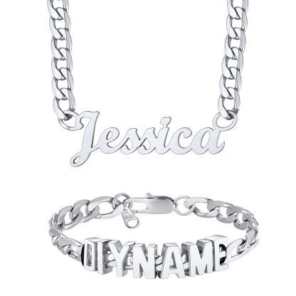 Personalized Name Cuban Chain Necklace & Chain Bracelet Set Silver