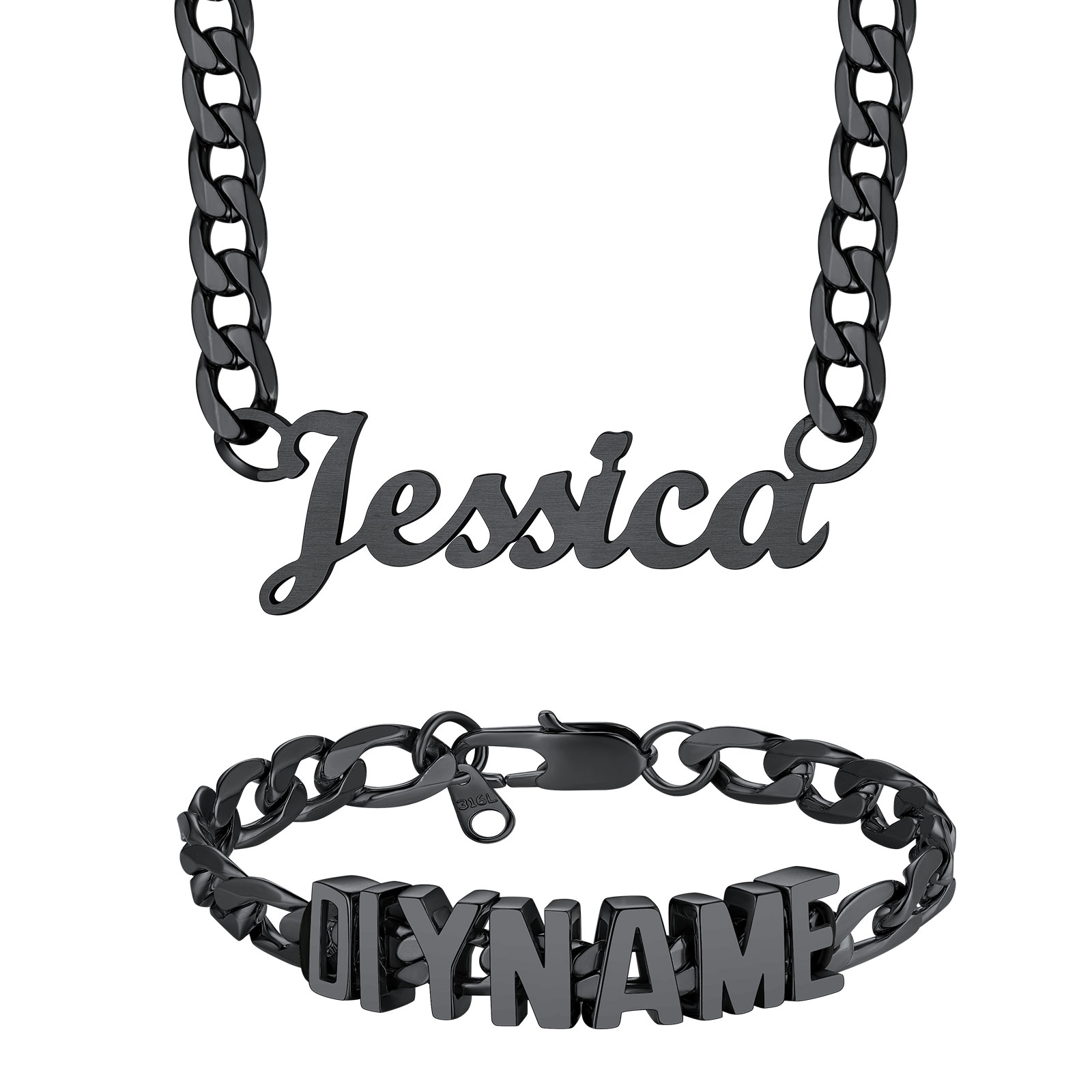 Personalized Name Cuban Chain Necklace & Chain Bracelet Set Black