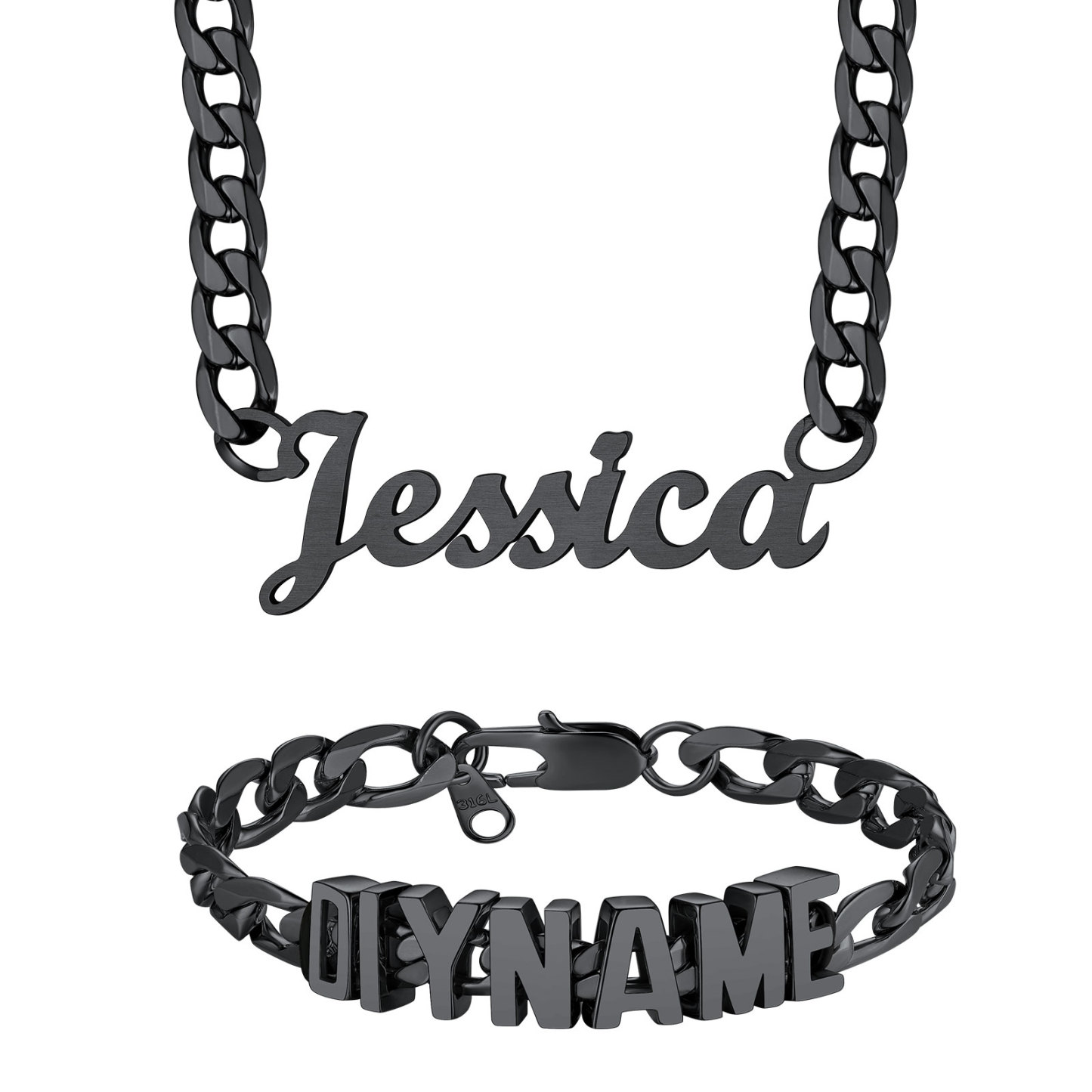 Personalized Name Cuban Chain Necklace & Chain Bracelet Set Black