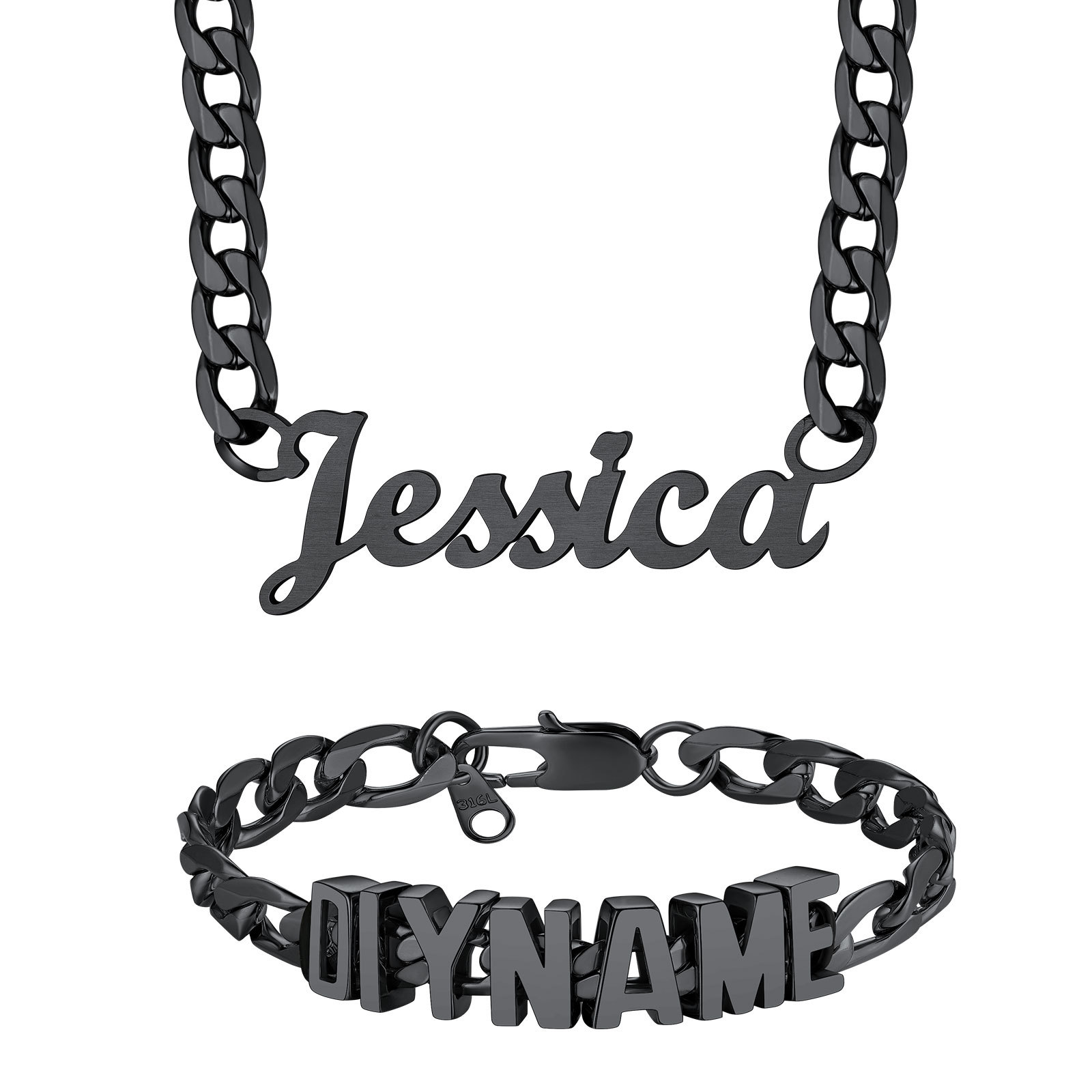 Personalized Name Cuban Chain Necklace & Chain Bracelet Set Black