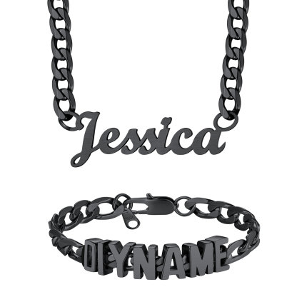 Personalized Name Cuban Chain Necklace & Chain Bracelet Set Black