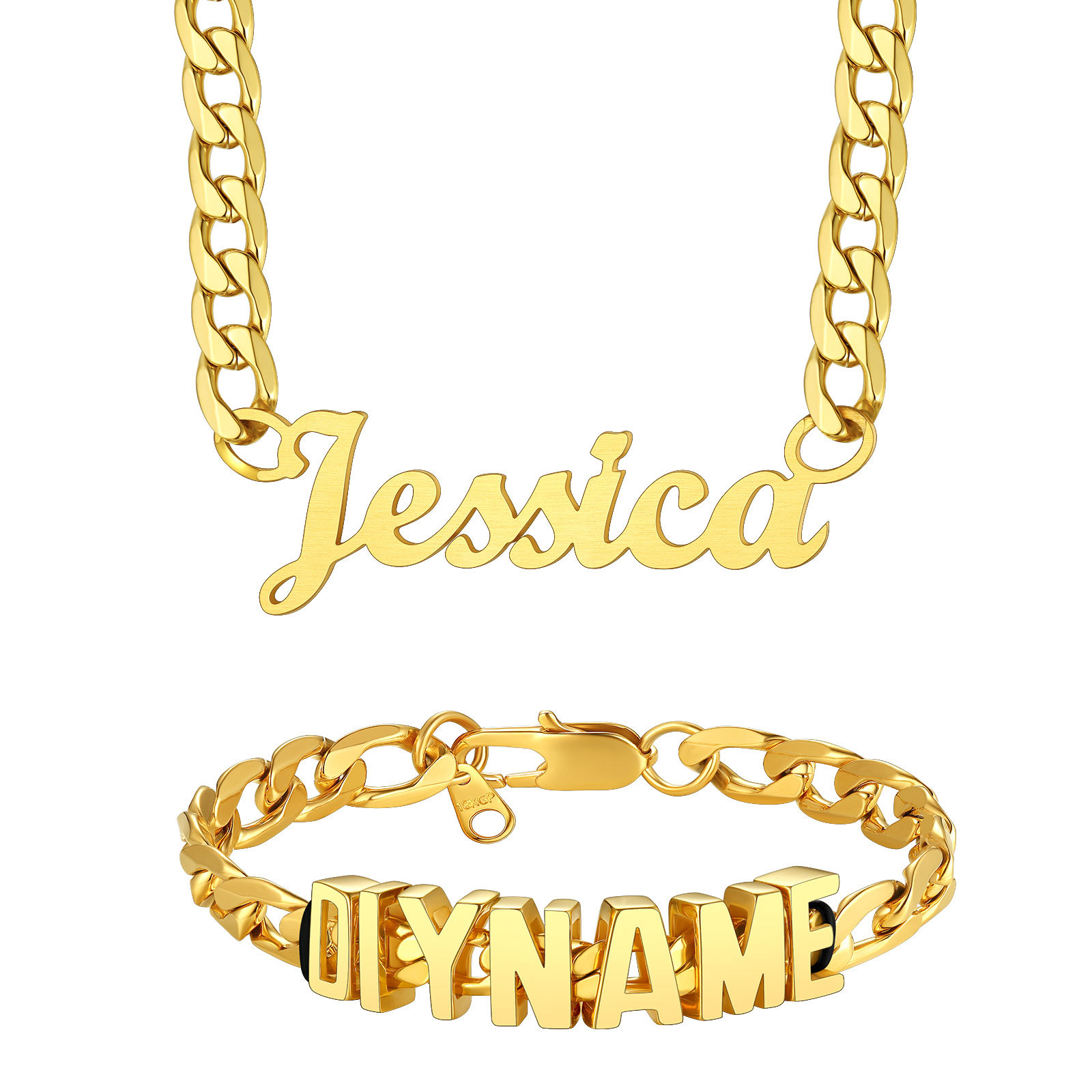 Personalized Name Cuban Chain Necklace & Chain Bracelet Set Gold