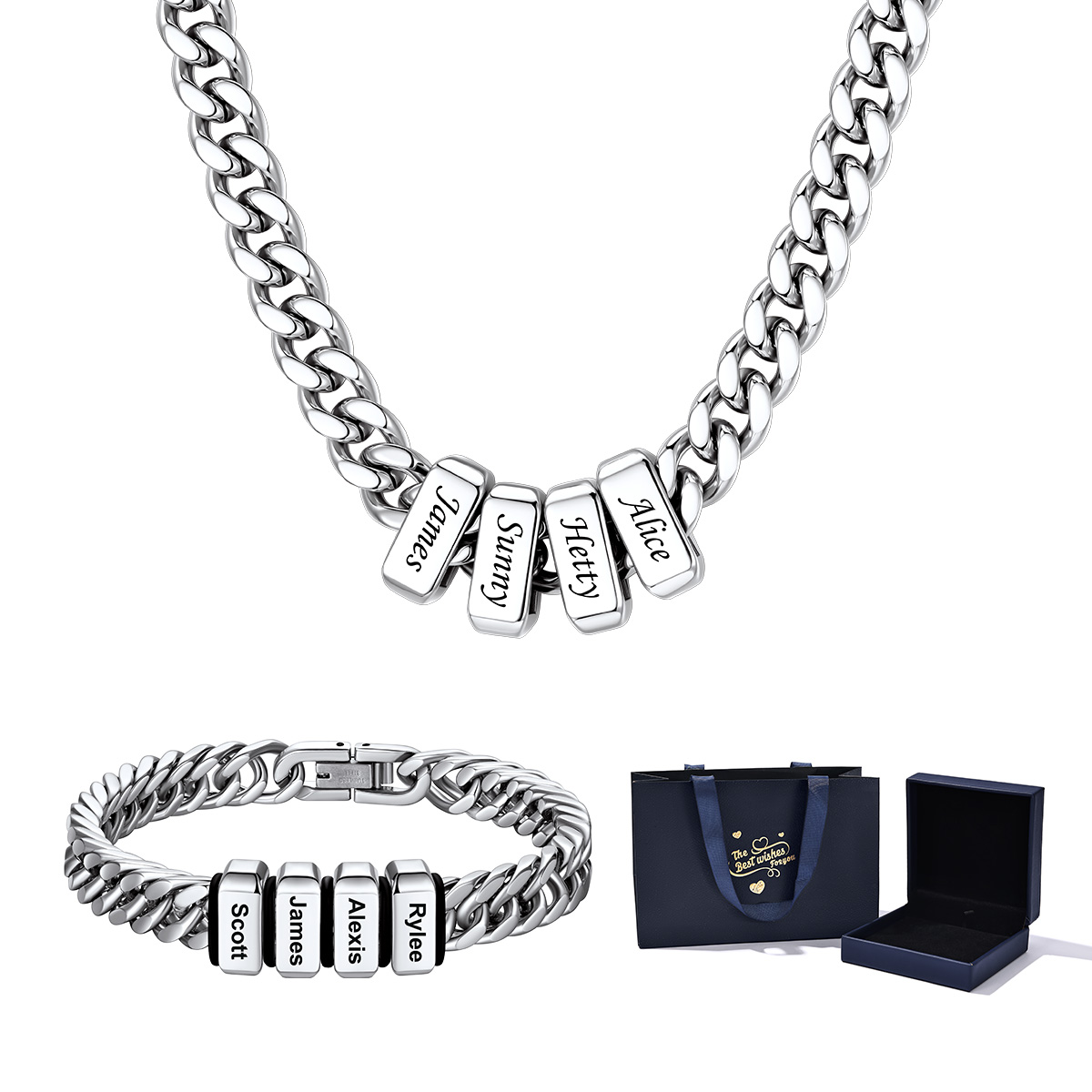 Personalized Name Cuban Link Necklace & Beaded Bracelet Gift Box Set 