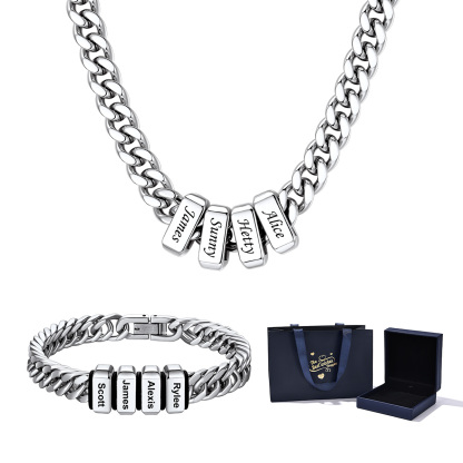 Personalized Name Cuban Link Necklace & Beaded Bracelet Gift Box Set 