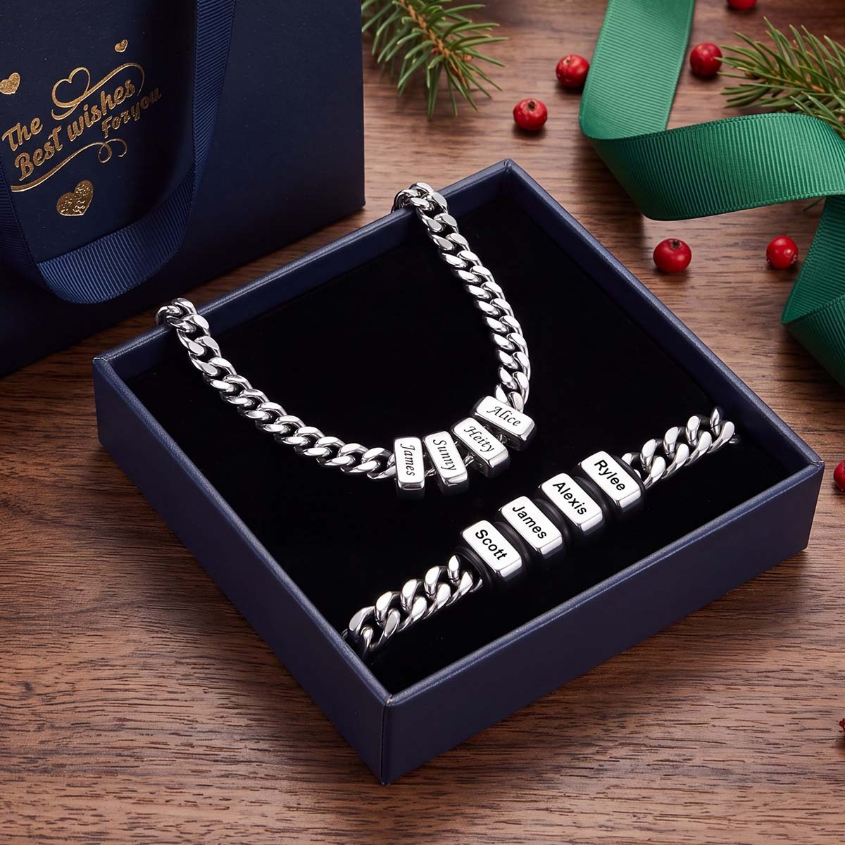 Personalized Name Cuban Link Necklace & Beaded Bracelet Gift Box Set 