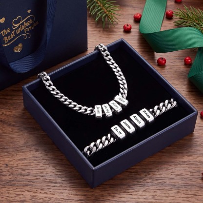 Personalized Name Cuban Link Necklace & Beaded Bracelet Gift Box Set 