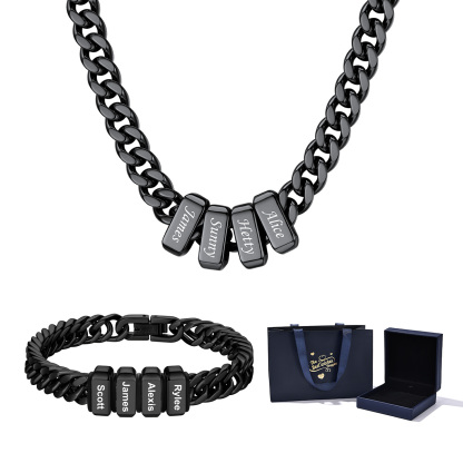 Personalized Name Cuban Link Necklace & Beaded Bracelet Gift Box Set 