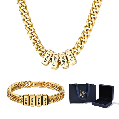 Personalized Name Cuban Link Necklace & Beaded Bracelet Gift Box Set 