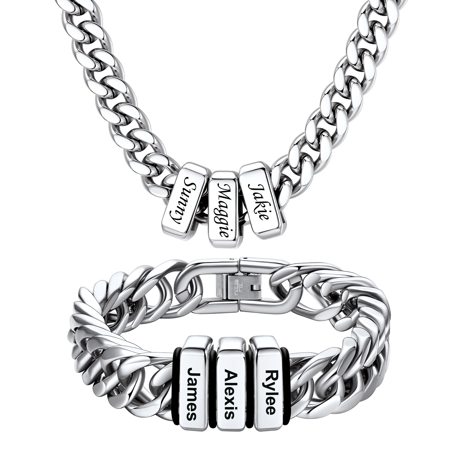Personalized Name Cuban Link Necklace & Beaded Bracelet Set for men