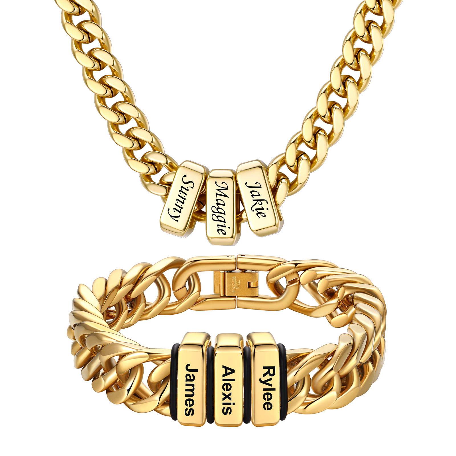 Personalized Name Cuban Link Necklace & Beaded Bracelet Set