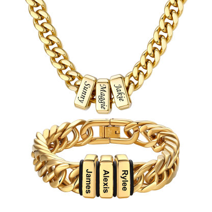 Personalized Name Cuban Link Necklace & Beaded Bracelet Set