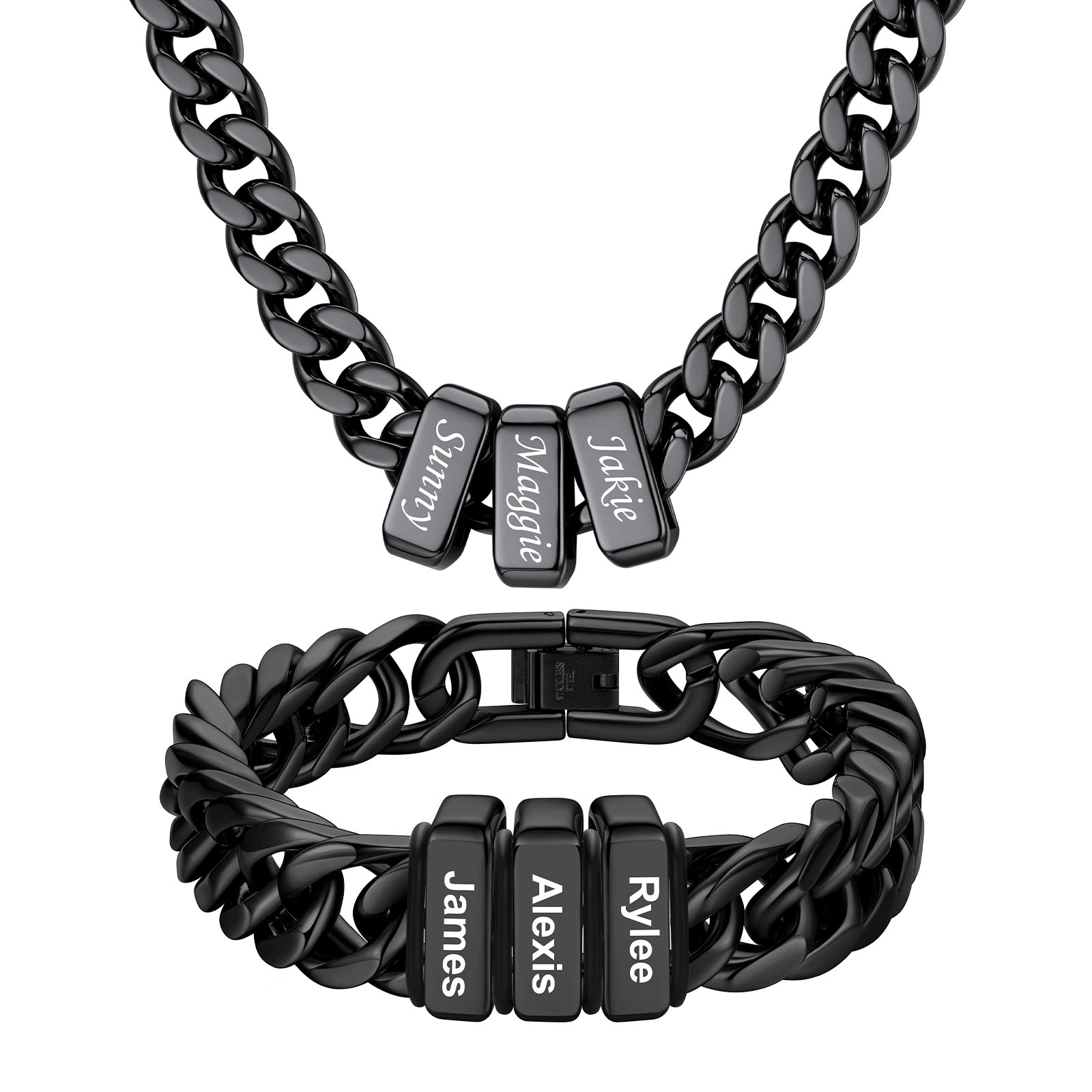 Personalized Name Cuban Link Necklace & Beaded Bracelet Set