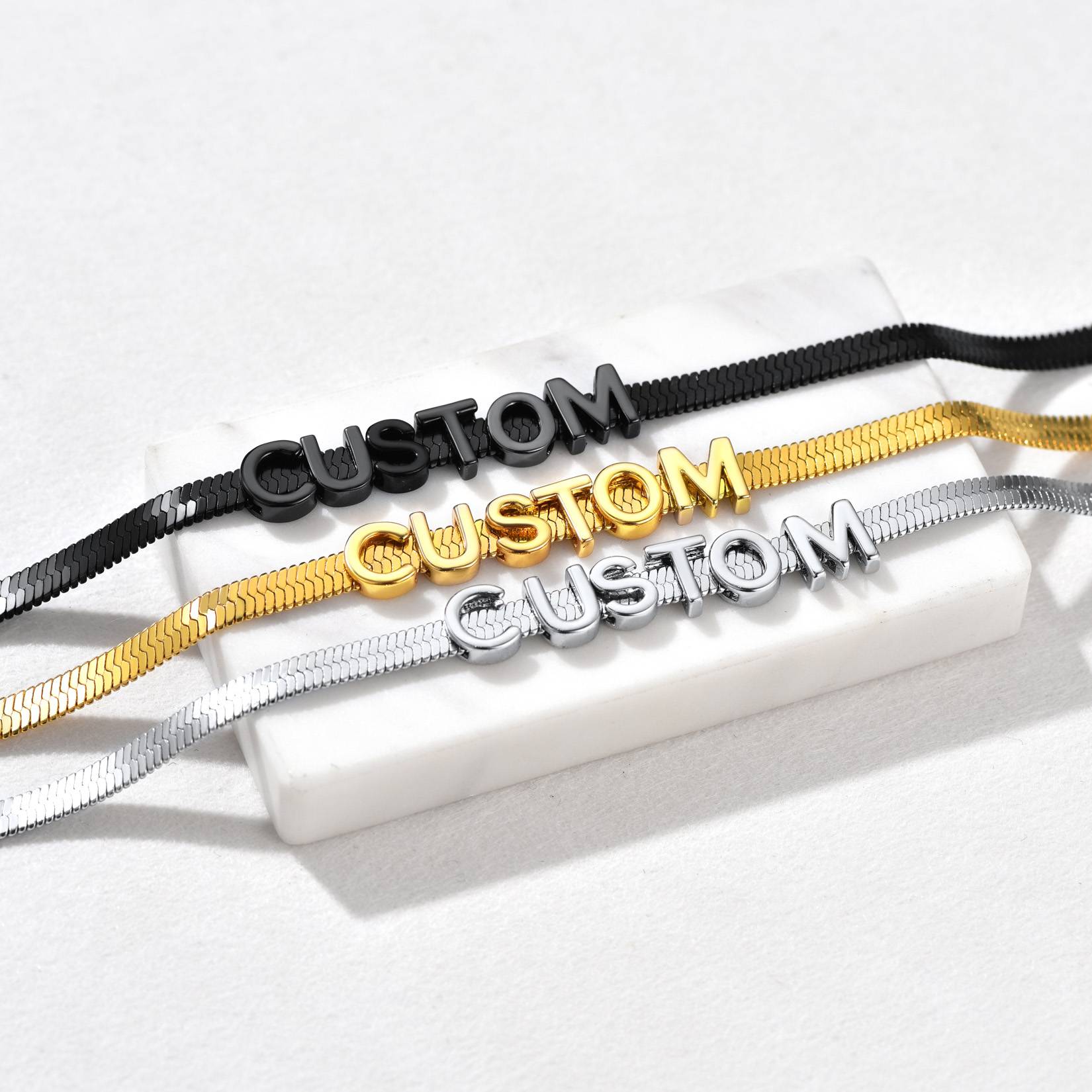 Personalized Name Necklace - Custom Initial Herringbone Chain Choker 3 Colors