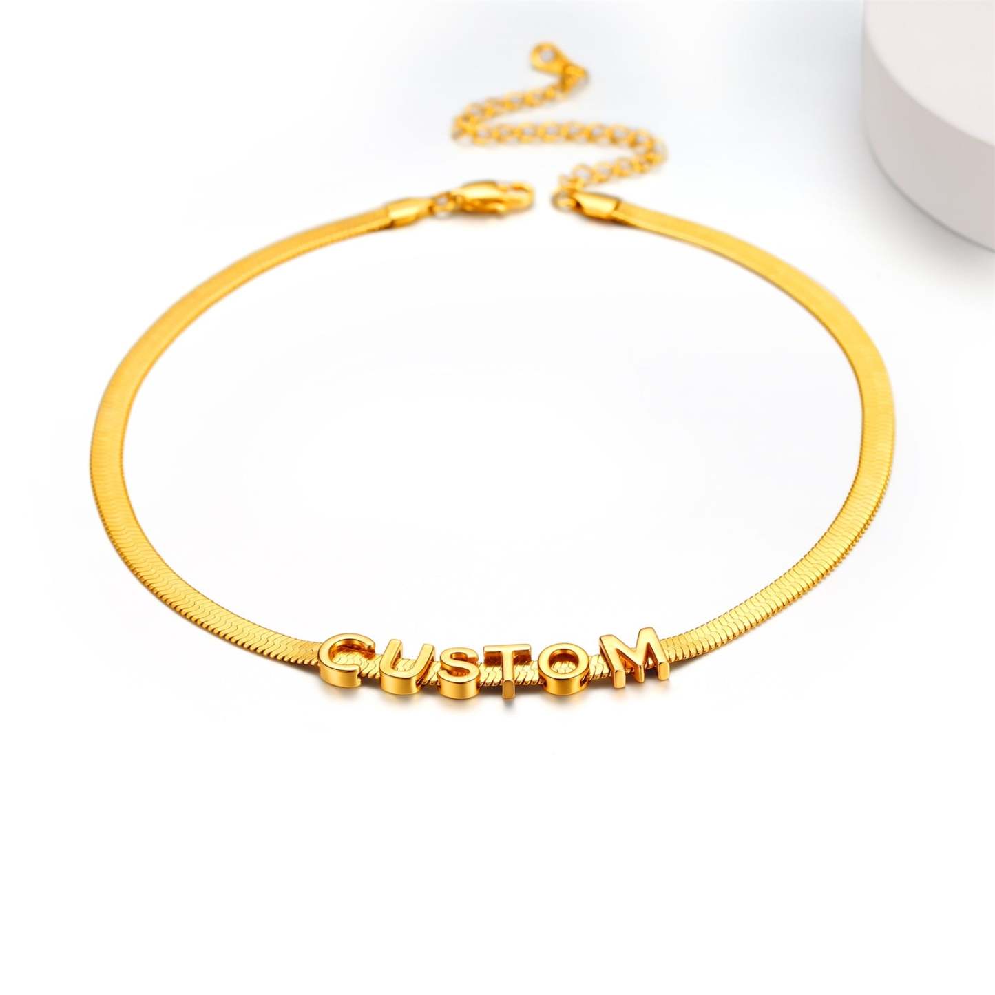 Gold Personalized Name Necklace - Custom Initial Herringbone Chain Choker