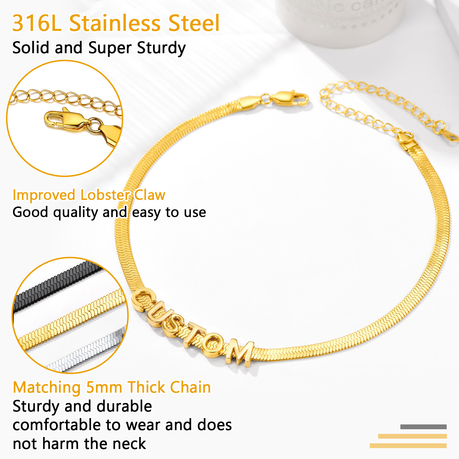 Personalized Name Necklace - Custom Initial Herringbone Chain Choker 316 Stainless Steel