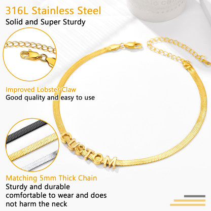 Personalized Name Necklace - Custom Initial Herringbone Chain Choker 316 Stainless Steel