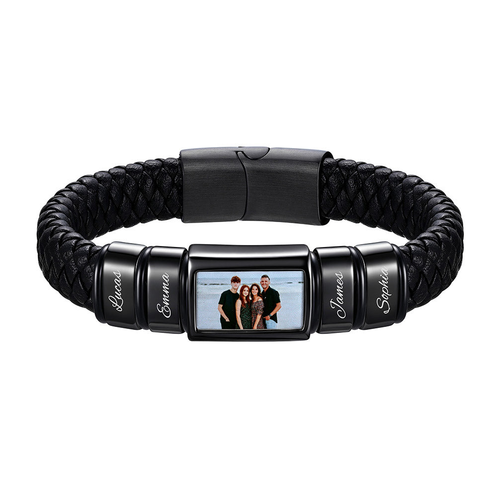 Personalized Name & Photo Braided Leather Bracelet Men