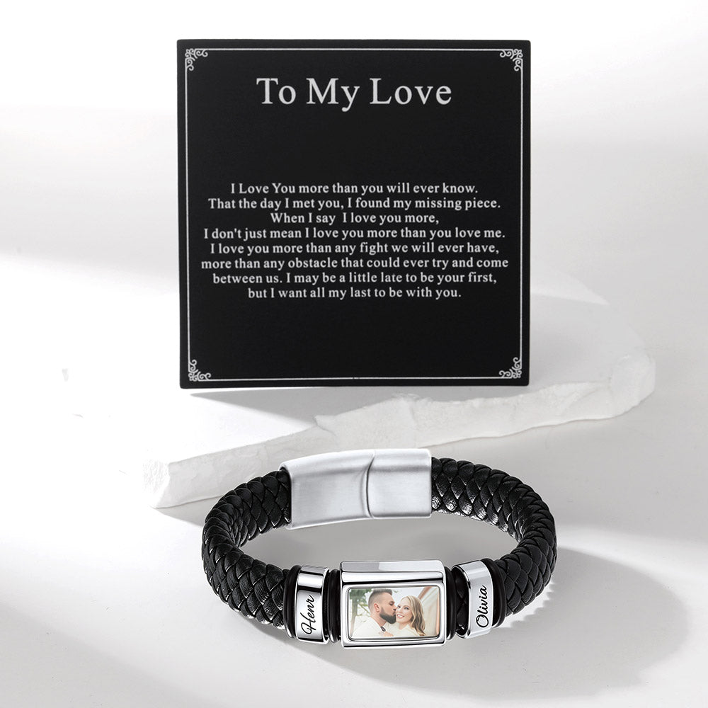 Personalized Name & Photo Braided Leather Bracelet Gift for Boyfriend
