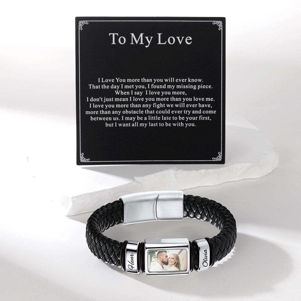 Personalized Name & Photo Braided Leather Bracelet Gift for Boyfriend