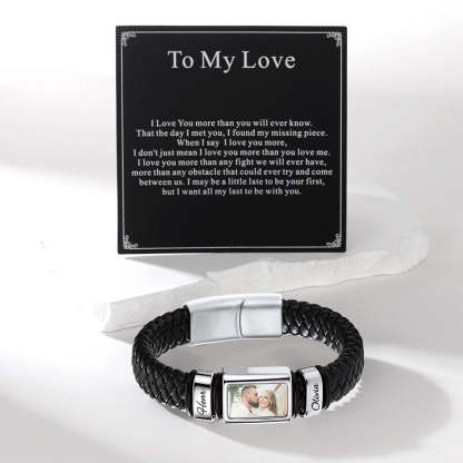 Personalized Name & Photo Braided Leather Bracelet Gift for Boyfriend