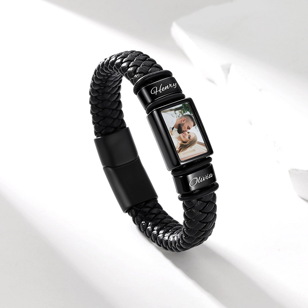 Personalized Name & Photo Braided Leather Bracelet Men Black