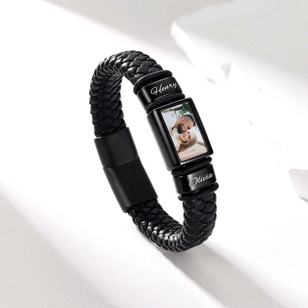 Personalized Name & Photo Braided Leather Bracelet Men Black